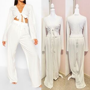 High Waist Wide Leg Drawstring Pants and Crop Tie Bell Sleeve Top Coord Set